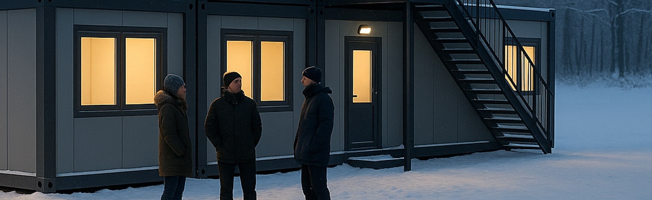 Zateplený kancelářský kontejner v zimě – svítící interiér a venkovní jednotka klimatizace.