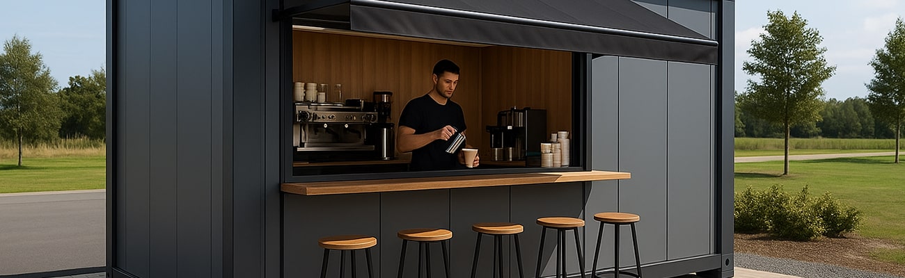 Prodejní kontejner jako kavárna: rychlý start pro coffee to-go. Kontejnerová kavárna s výdejním oknem a barovým sezením – pop-up coffee bar.