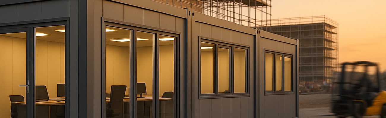 Prosklený kontejner jako vrátnice i kancelář – doprava, montáž a servis v rámci pronájmu. Prosklená modulární vrátnice a kancelář na stavbě, večerní provoz a bezpečná kontrola přístupu.