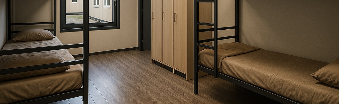 Komfortní ubytovací buňka: palandy a klimatizace pro sezónní pracovníky. Vícelůžkový pokoj v obytném kontejneru – palandy, skříně a klimatizace pro pracovní týmy.