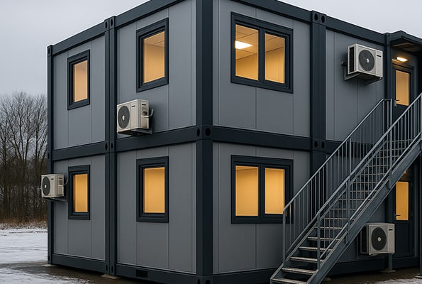 Venkovní jednotky klimatizací na modulární budově – vytápění/chlazení kontejnerů split systémem.