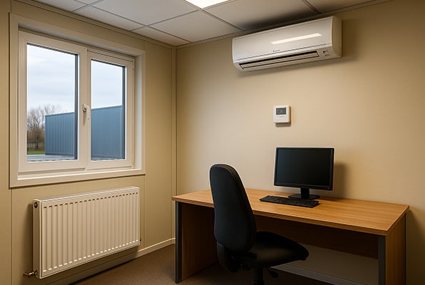 Interiér kancelářského kontejneru – nástěnná klimatizace, termostat a radiátor pro celoroční komfort.