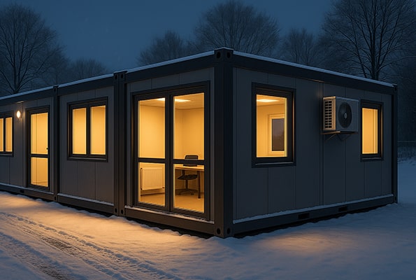 Zateplený kancelářský kontejner v zimě – svítící interiér a venkovní jednotka klimatizace.