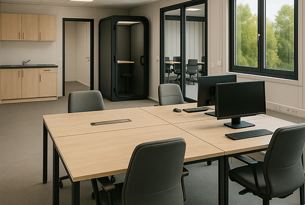 Open-space v kontejnerové kanceláři – ergonomické stoly, datová infrastruktura a tichá telefonní budka