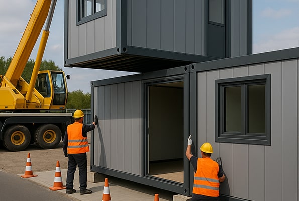 Montáž kontejnerů jeřábem – usazení horního modulu na spodní, pracovníci řídí spojení a kotvení