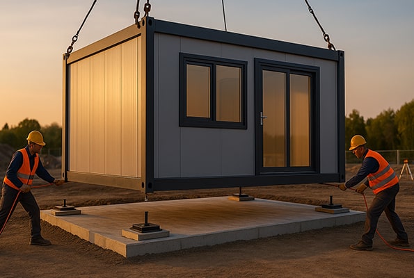 Usazení kontejneru jeřábem na železobetonovou základovou desku – nivelace modulu pracovníky.