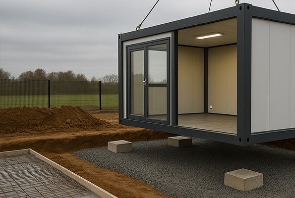 Usazení kontejneru na štěrkové lože a betonové patky – příprava základu pro modulární stavbu.