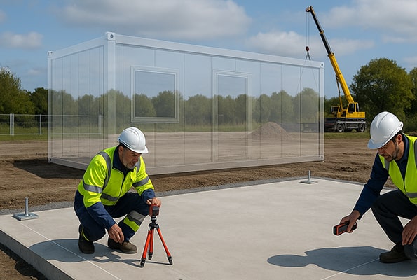 Vytyčení a kontrola rovinnosti železobetonové desky před montáží kontejneru; geodetické měření.