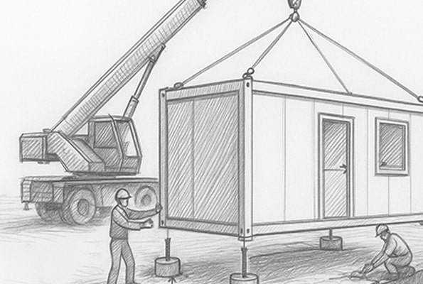 Ilustrační skica: jeřáb osazuje kontejner na bodové základy/patky.