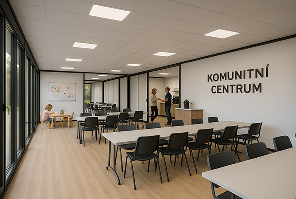 Víceúčelový sál komunitního centra z unimobuněk – variabilní rozvržení stolů, dětský koutek a zázemí pro občerstvení.