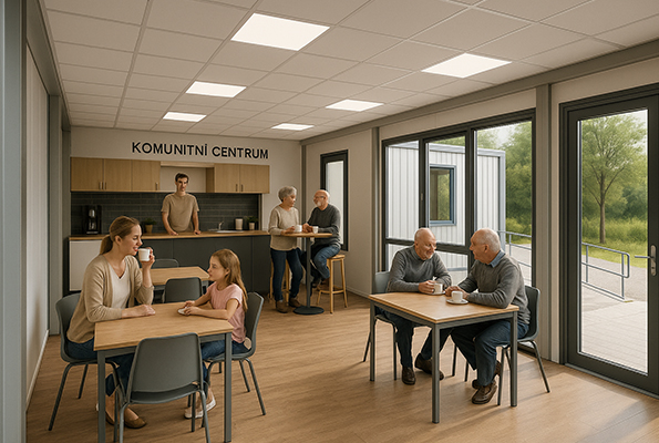 Společenská místnost komunitního centra z obytných kontejnerů s kavárenským koutkem – setkání seniorů, rodičů a dětí.