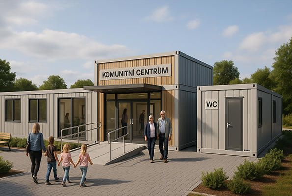 Venkovní pohled na komunitní centrum z obytných kontejnerů s bezbariérovým vstupem, rampou a samostatným WC modulem – řešení pro obce.