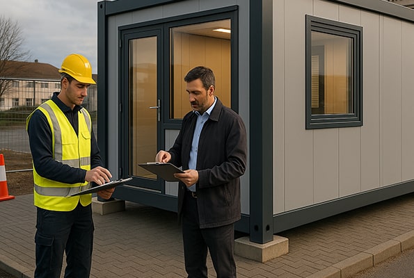 Konzultace na stavbě u kontejnerové kanceláře – kontrola dokumentace a povolení.