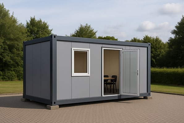 Samostatný kancelářský kontejner na páskách – dočasné umístění a režim povolení.