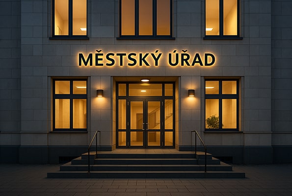 Vstup do budovy s nápisem Městský úřad – místo pro řešení stavebního povolení ke kontejneru.