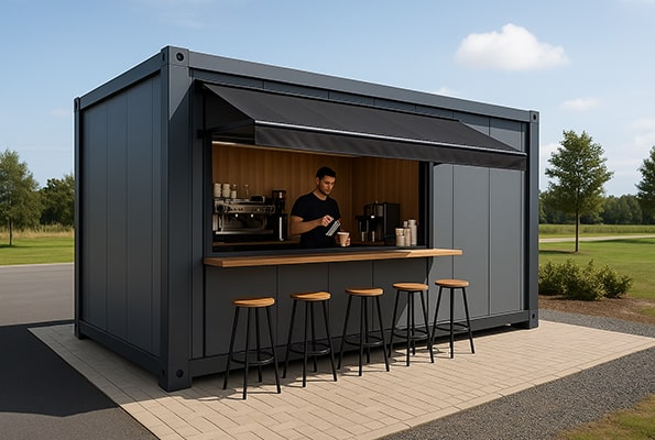 Prodejní kontejner jako kavárna: rychlý start pro coffee to-go. Kontejnerová kavárna s výdejním oknem a barovým sezením – pop-up coffee bar.