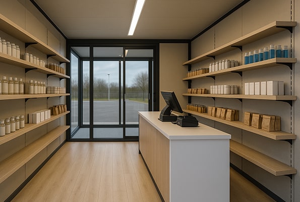 Modulární obchodní kontejner – vybavený interiér připravený k prodeji. Interiér kontejnerové prodejny – police, pokladní pult a prosklený vstup.