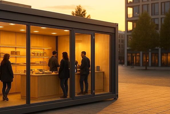 Prosklený prodejní kontejner – atraktivní pop-up retail. Celoprosklený pop-up obchod v kontejneru při západu slunce – zákazníci u pultu.