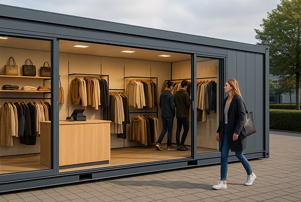 Prodejní kontejner pro módu – mobilní butik. Kontejnerový butik s posuvnou prosklenou stěnou – vystavené oděvy a pokladna.