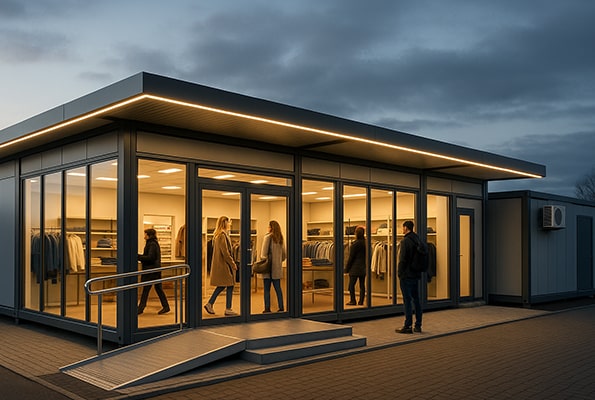 Kontejnerová prodejna se zázemím – rozšiřitelný pavilon pro retail. Větší modulární prodejna z kontejnerů s rampou – bezbariérový vstup a LED osvětlení.