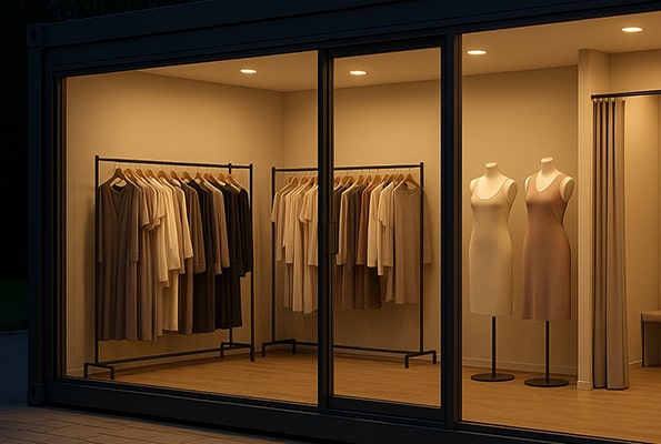 Stylový interiér prodejního kontejneru – butik připravený k otevření. Interiér kontejnerového butiku – stojany s oděvy, figuríny a zkušební kout.
