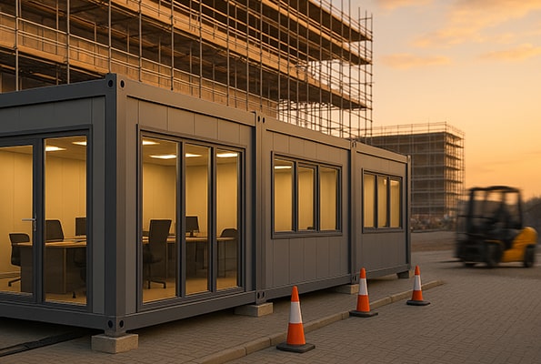 Prosklený kontejner jako vrátnice i kancelář – doprava, montáž a servis v rámci pronájmu. Prosklená modulární vrátnice a kancelář na stavbě, večerní provoz a bezpečná kontrola přístupu.