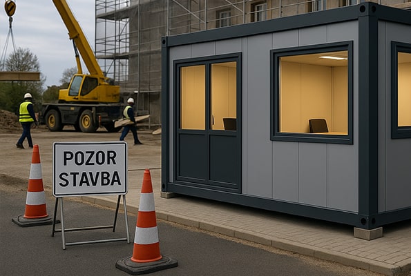 Vrátnice z kontejneru u vjezdu: kontrola vstupu a bezpečnost na staveništi. Kontejnerová vrátnice u vjezdu na stavbu, kužely a značení Pozor stavba; probíhající jeřábové práce