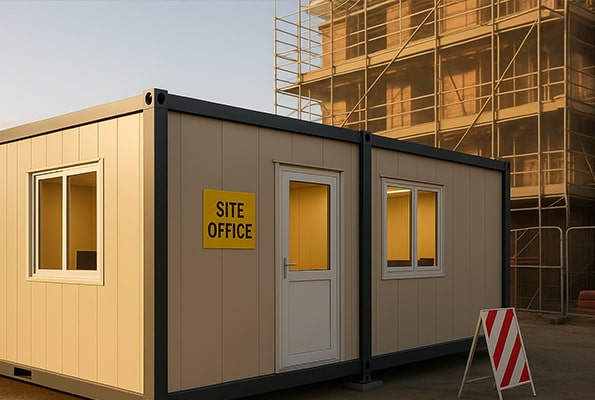 Modulární vrátnice / site office: rychlé zázemí pro kontrolu vstupu – pronájem. Vrátnice z kontejneru – světlý modul se štítkem Site Office na stavbě, zázemí pro ostrahu a evidenci vstupů.