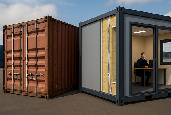 ISO přepravní kontejner vs. modulární kancelářský kontejner s izolací – rozdíl ve stavbě a využití.