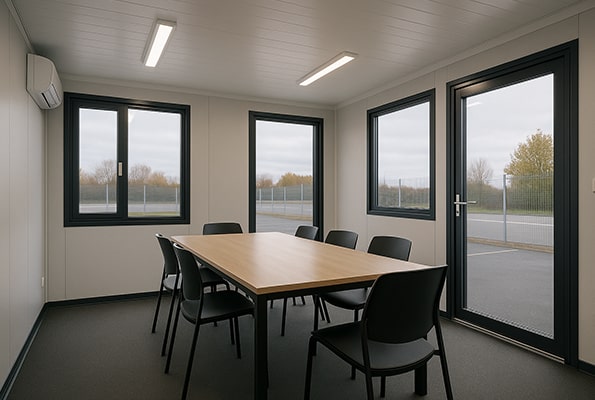 Zasedací místnost v modulárním kontejneru 6×3 m – okna, dveře a LED osvětlení.
