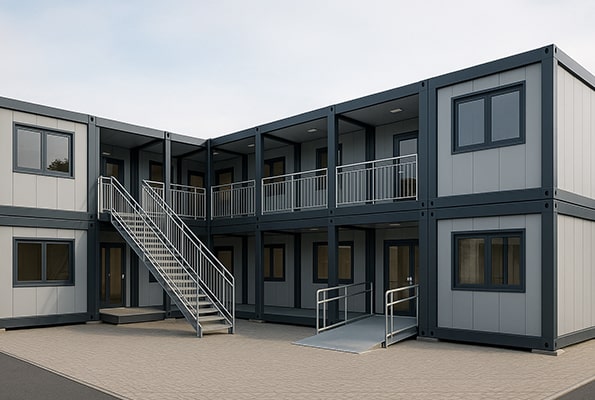 Dvoupatrová sestava modulárních kontejnerů se schodištěm a rampou – typické vícepodlažní řešení.