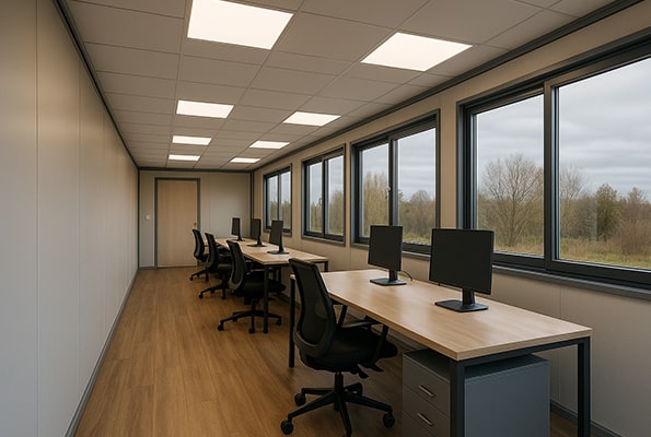 Kancelář v kontejnerech 6×3 m – open space se stoly a PC, pás oken po celé délce.