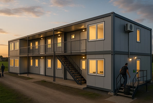 Modulární ubytovna ze dvou podlaží – škálovatelné ubytování v kontejnerech. Dvoupodlažní ubytovací sestava z obytných kontejnerů se schodištěm – kapacitní nocleh pro sezónní pracovníky.