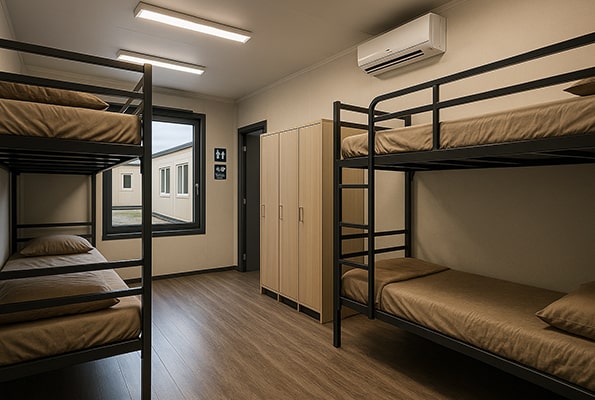 Komfortní ubytovací buňka: palandy a klimatizace pro sezónní pracovníky. Vícelůžkový pokoj v obytném kontejneru – palandy, skříně a klimatizace pro pracovní týmy.