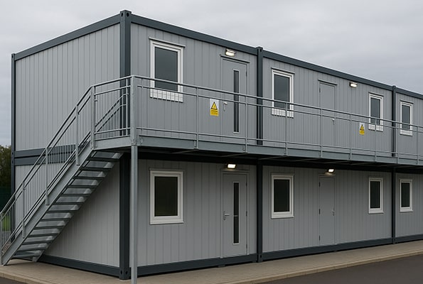 Ubytovací modulární komplex – rychlá montáž, pronájem i prodej. Dvoupodlažní obytné kontejnery s venkovním schodištěm – rychle postavené sezónní ubytování.