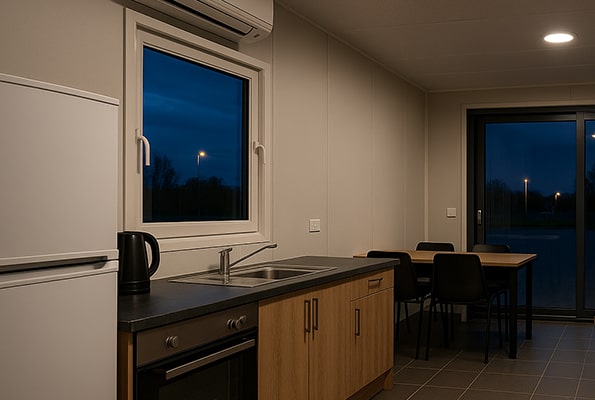 Společná kuchyňka v ubytovacích kontejnerech – rychlé a úsporné zázemí pro sezónní pracovníky. Kuchyňka v obytném kontejneru pro sezónní pracovníky – dřez, varná deska, lednice a jídelní kout.