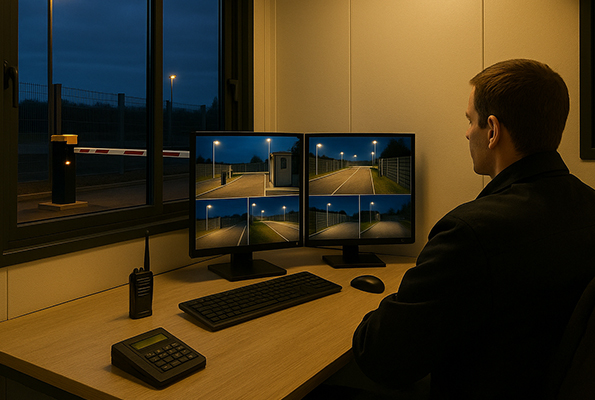 Pracoviště ostrahy ve vrátnici z kontejneru – obsluha CCTV na dvou monitorech a řízení přístupu v nočním provozu