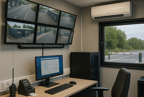 Interiér kontejnerové vrátnice s klimatizací, serverovou skříní a stěnou CCTV – komfortní dohled nad vjezdem